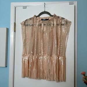 Anthropologie Sequin Fringe Blouse in Peach